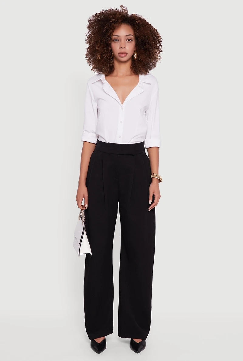 Womens High Waisted Pleated Wide Leg Dress Pants, Black, Size L