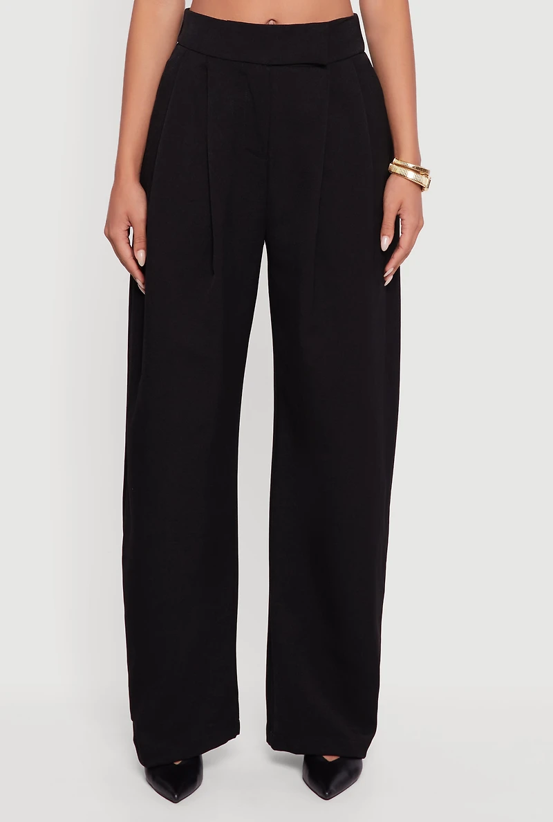 Womens High Waisted Pleated Wide Leg Dress Pants, Black, Size L