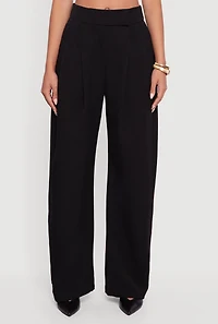 Womens High Waisted Pleated Wide Leg Dress Pants, Black, Size L