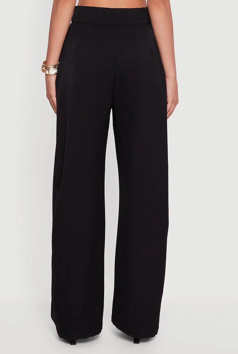 Womens High Waisted Pleated Wide Leg Dress Pants, Black, Size L