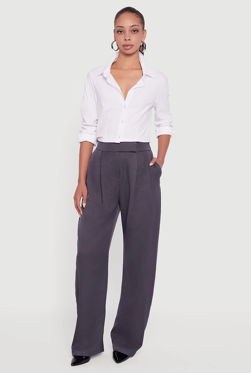 Womens High Waisted Pleated Wide Leg Dress Pants, Grey, Size XL