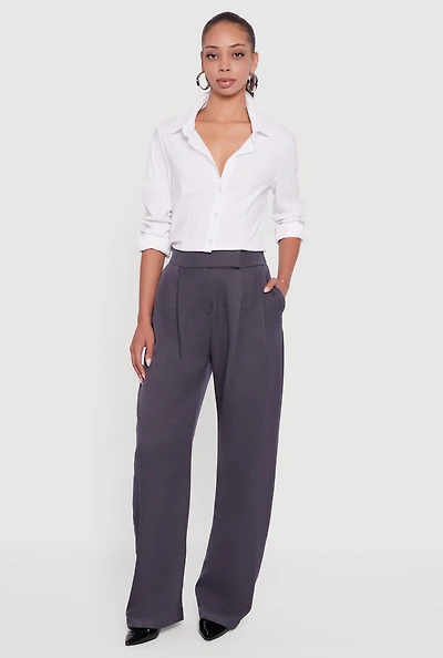 Womens High Waisted Pleated Wide Leg Dress Pants, Grey, Size XL