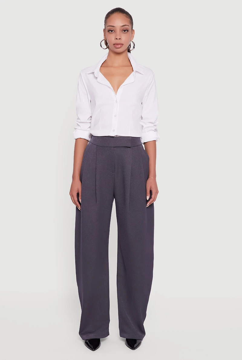 Womens High Waisted Pleated Wide Leg Dress Pants, Grey, Size XL