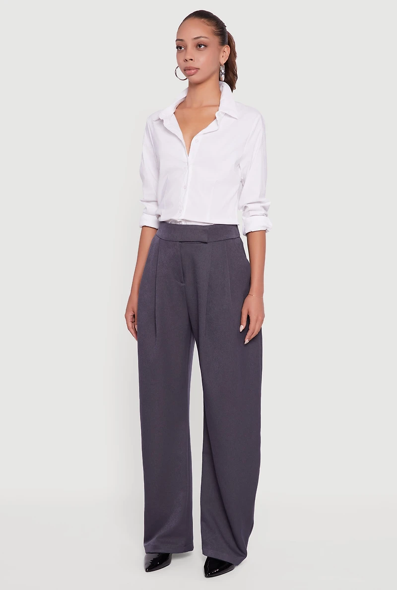 Womens High Waisted Pleated Wide Leg Dress Pants, Grey, Size XL