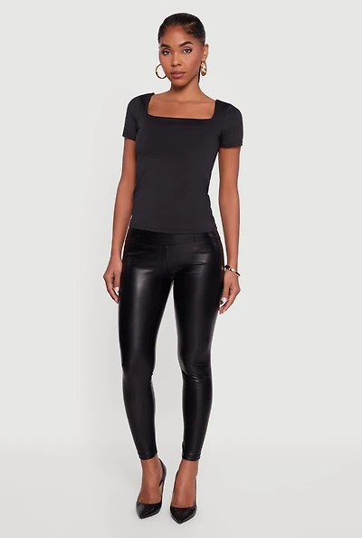 Womens High Waisted Faux Leather Leggings, Black,