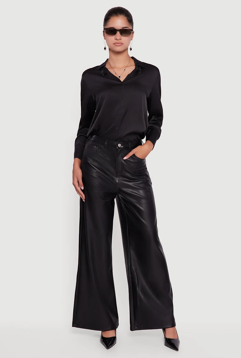 Womens Faux Leather Wide Leg Pants, Black, Size M