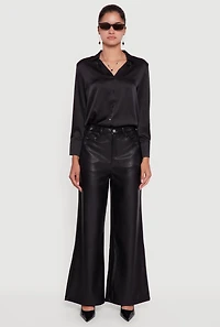 Womens Faux Leather Wide Leg Pants, Black, Size M