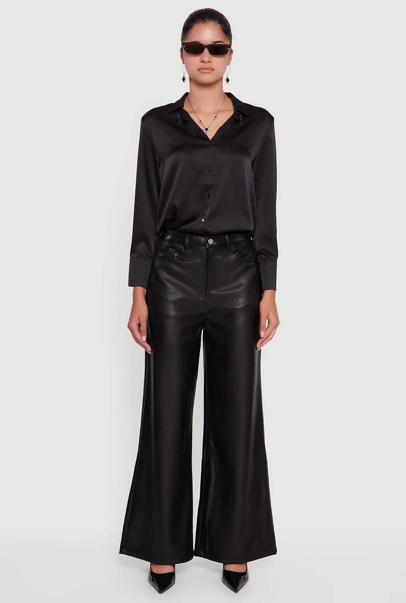 Womens Faux Leather Wide Leg Pants, Black, Size L