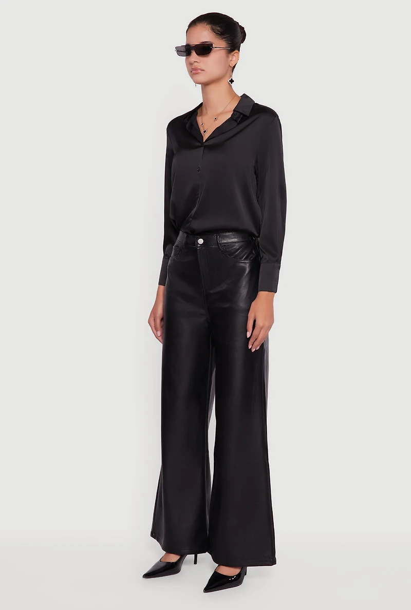 Womens Faux Leather Wide Leg Pants, Black, Size M