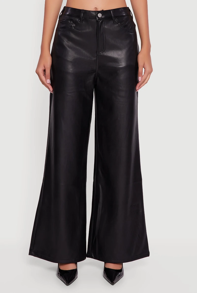 Womens Faux Leather Wide Leg Pants, Black, Size L