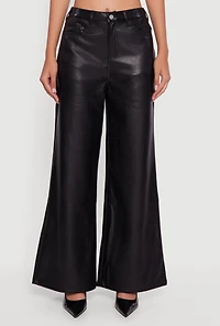Womens Faux Leather Wide Leg Pants, Black, Size L
