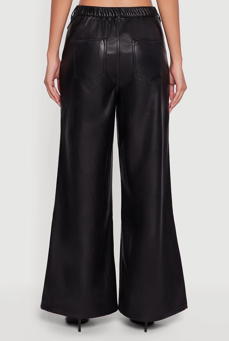 Womens Faux Leather Wide Leg Pants, Black, Size M