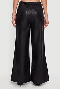 Womens Faux Leather Wide Leg Pants, Black, Size L