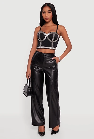 Womens Faux Leather Straight Leg Cargo Pants, Black, Size L