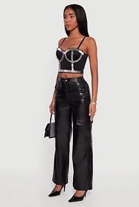 Womens Faux Leather Straight Leg Cargo Pants, Black, Size L