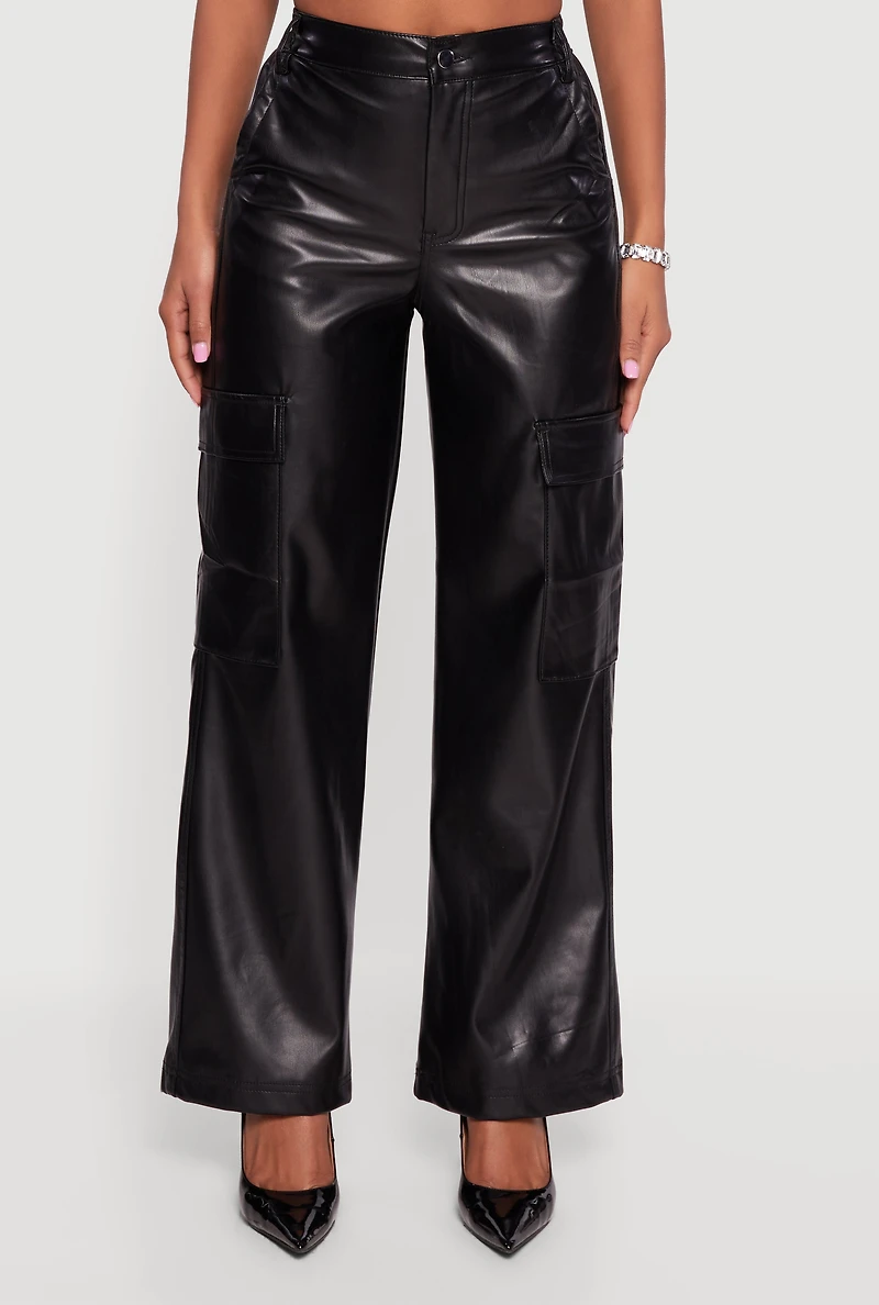 Womens Faux Leather Straight Leg Cargo Pants, Black, Size L
