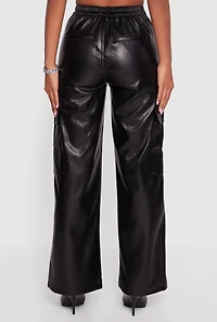 Womens Faux Leather Straight Leg Cargo Pants, Black, Size L