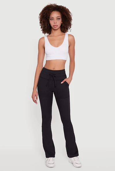 Womens Drawstring Waist Flare Leggings, Black, Size S