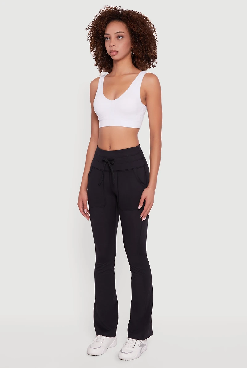 Womens Drawstring Waist Flare Leggings, Black, Size S