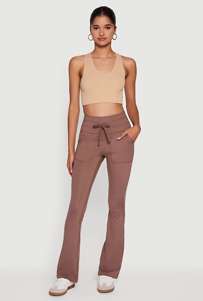 Womens Drawstring Waist Flare Leggings, Brown, Size S