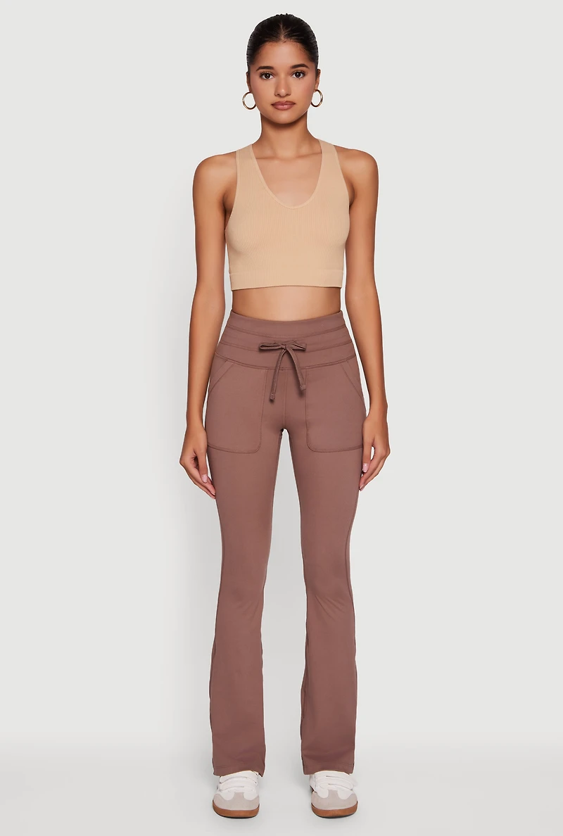 Womens Drawstring Waist Flare Leggings, Brown,