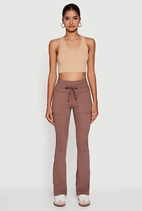 Womens Drawstring Waist Flare Leggings, Brown,
