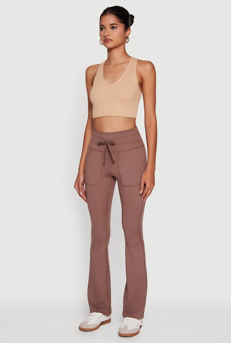 Womens Drawstring Waist Flare Leggings, Brown, Size L