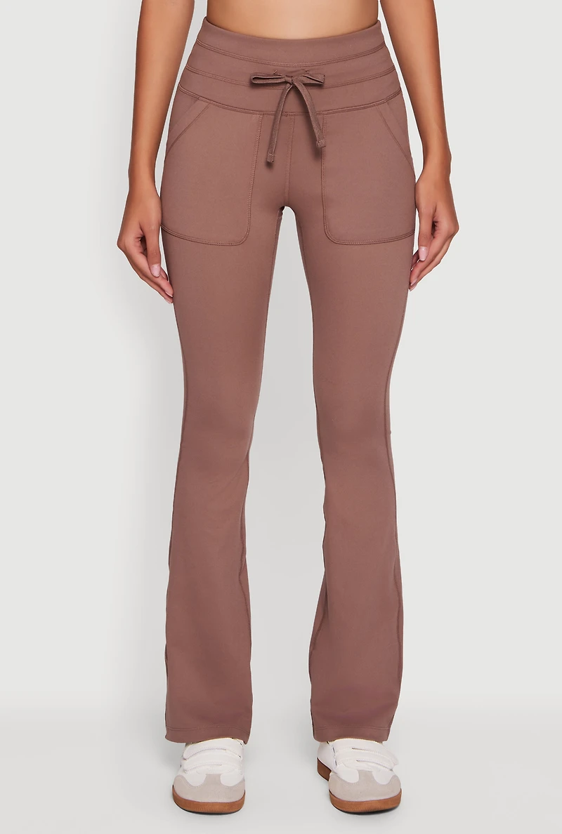 Womens Drawstring Waist Flare Leggings, Brown,