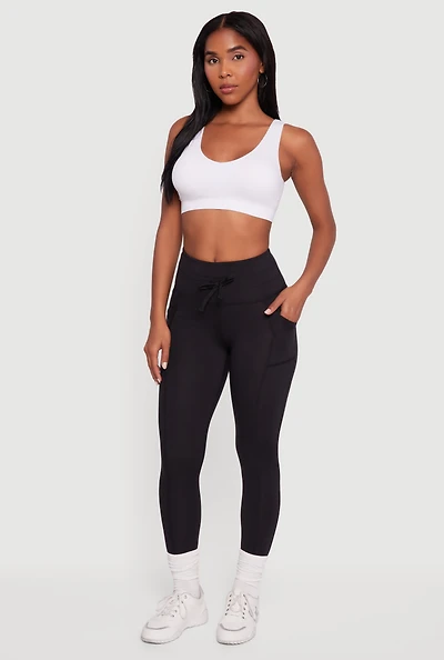 Womens Drawstring Waist Leggings with Cell Phone Pockets, Black, Size L