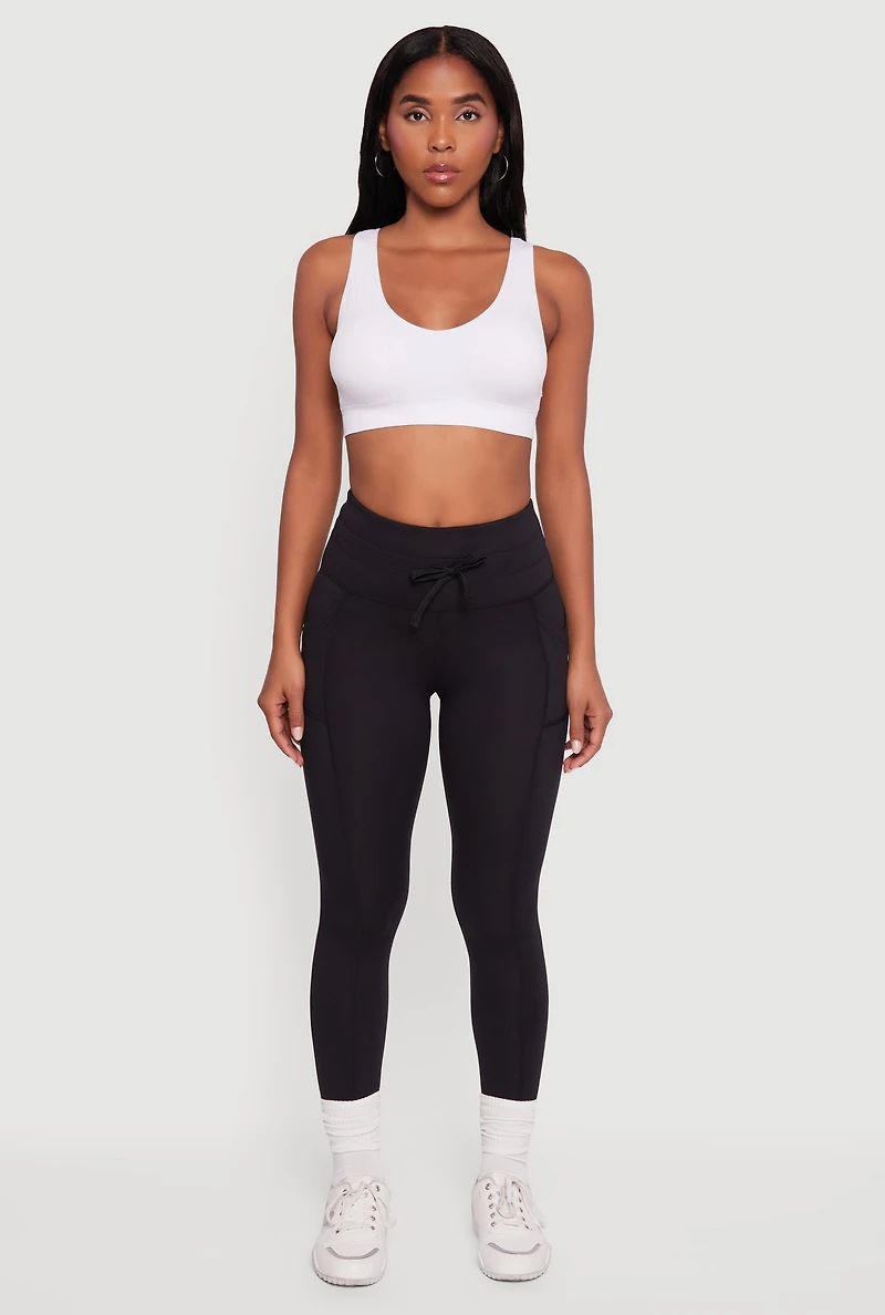 Womens Drawstring Waist Leggings with Cell Phone Pockets, Black, Size L