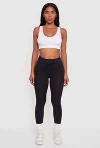 Womens Drawstring Waist Leggings with Cell Phone Pockets, Black, Size L