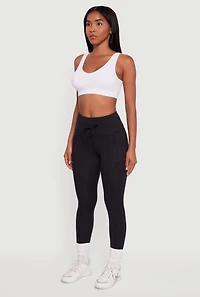Womens Drawstring Waist Leggings with Cell Phone Pockets, Black, Size L
