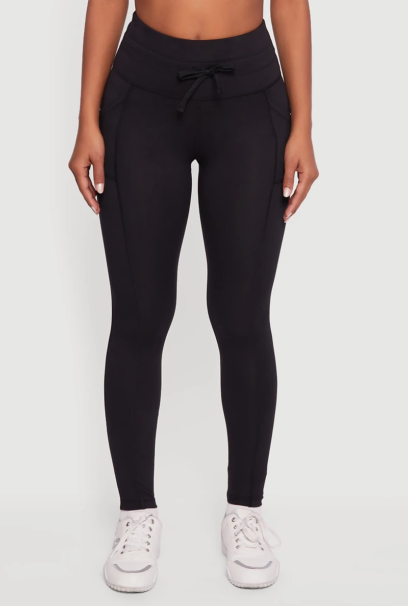 Womens Drawstring Waist Leggings with Cell Phone Pockets, Black, Size L
