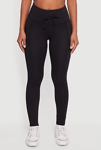 Womens Drawstring Waist Leggings with Cell Phone Pockets, Black, Size L