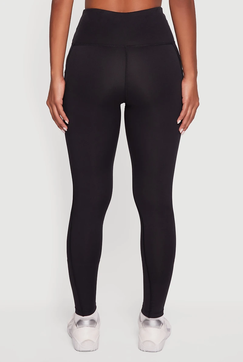 Womens Drawstring Waist Leggings with Cell Phone Pockets, Black, Size L