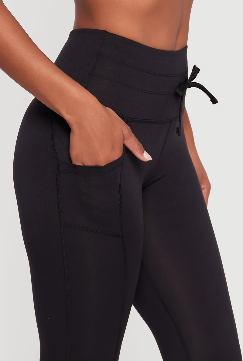 Womens Drawstring Waist Leggings with Cell Phone Pockets, Black, Size L