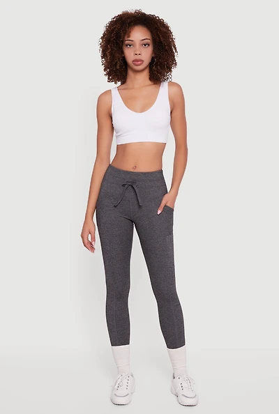 Womens Drawstring Waist Leggings with Cell Phone Pockets, Grey,