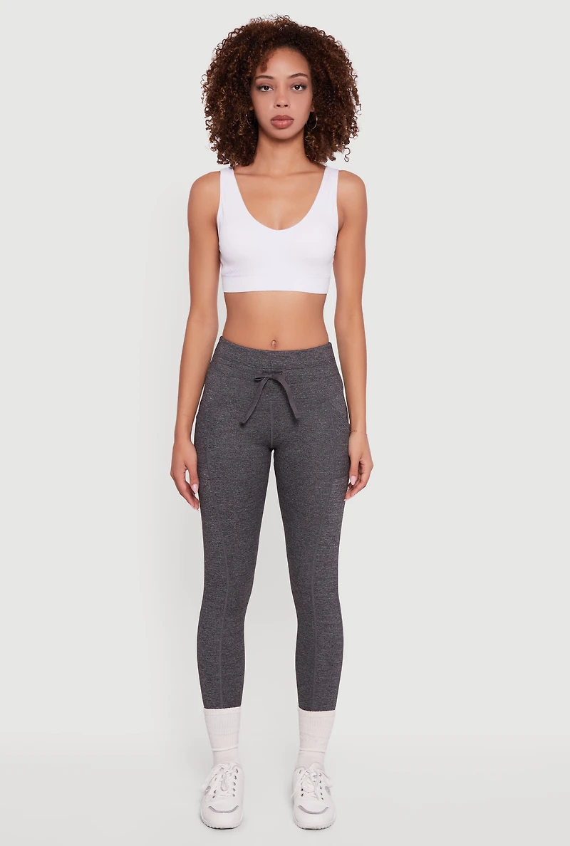 Womens Drawstring Waist Leggings with Cell Phone Pockets, Grey,
