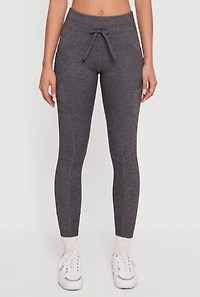 Womens Drawstring Waist Leggings with Cell Phone Pockets, Grey,