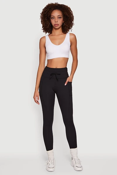 Womens High Waisted Drawstring Leggings with Side Pockets, Black, Size S