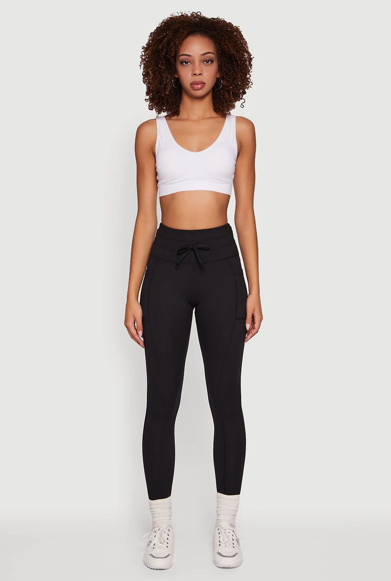 Womens High Waisted Drawstring Leggings with Side Pockets, Black, Size M