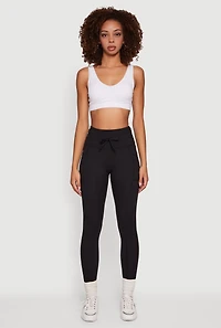 Womens High Waisted Drawstring Leggings with Side Pockets, Black, Size M