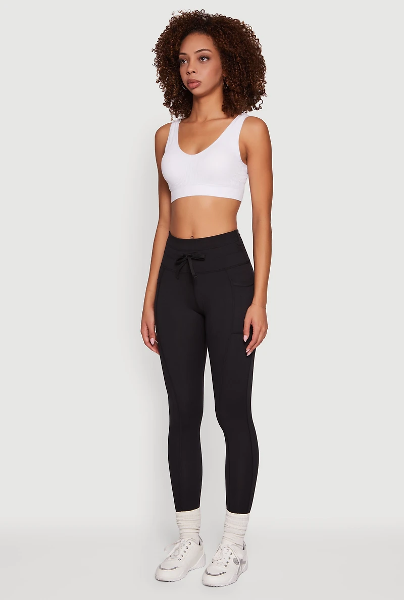 Womens High Waisted Drawstring Leggings with Side Pockets, Black, Size M