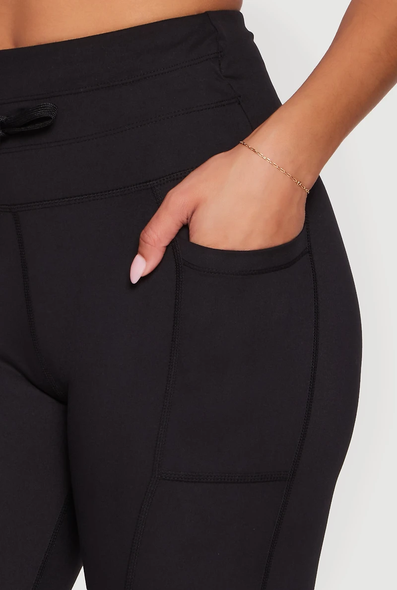 Womens High Waisted Drawstring Leggings with Side Pockets, Black, Size M