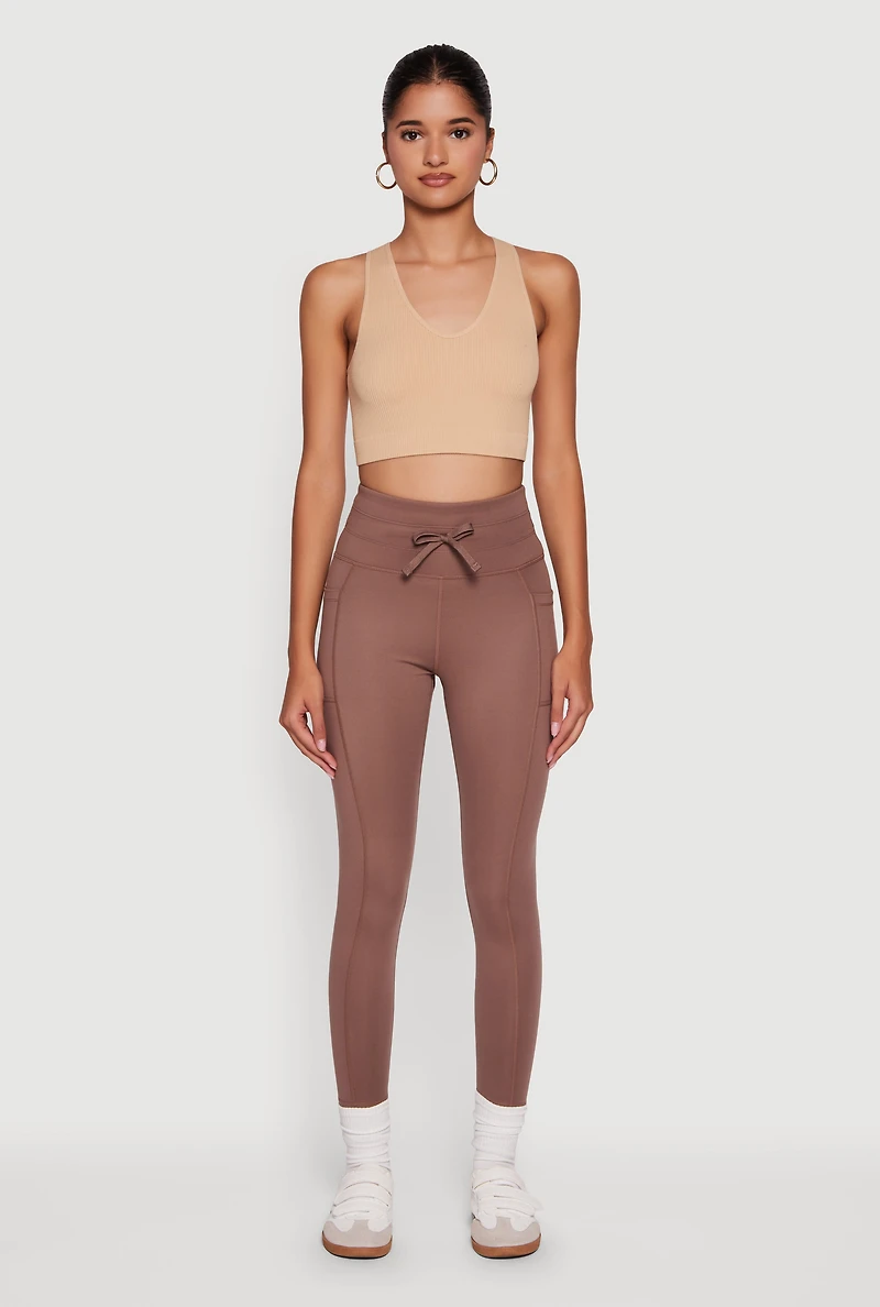 Womens High Waisted Drawstring Leggings with Side Pockets,