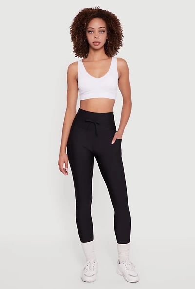 Womens High Waisted Drawstring Leggings with Pockets, Black, Size L