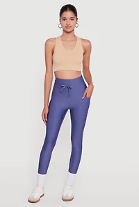 Womens High Waisted Drawstring Leggings with Pockets, Blue, Size L