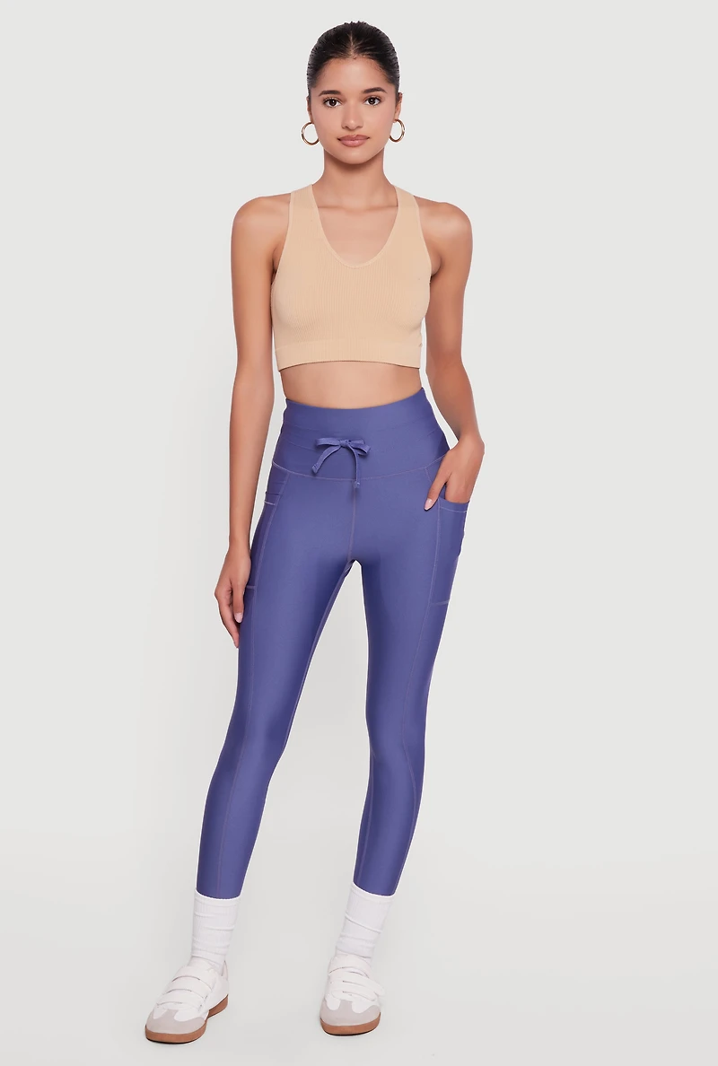 Womens High Waisted Drawstring Leggings with Pockets, Blue, Size M