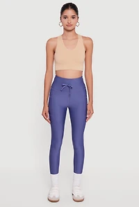 Womens High Waisted Drawstring Leggings with Pockets, Blue, Size M