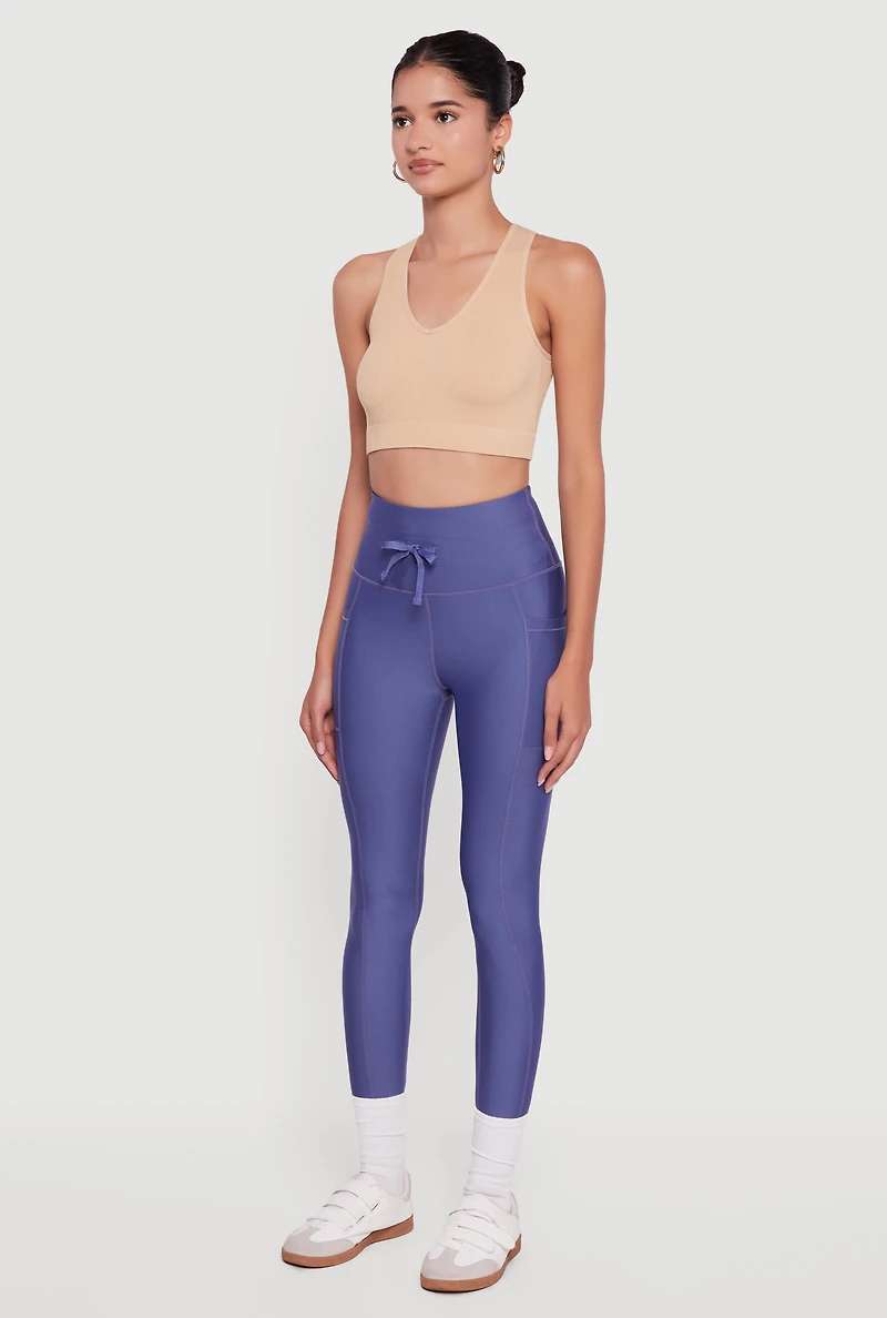 Womens High Waisted Drawstring Leggings with Pockets, Blue, Size L